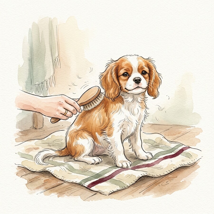 Illustration of a Cavalier puppy being gently brushed