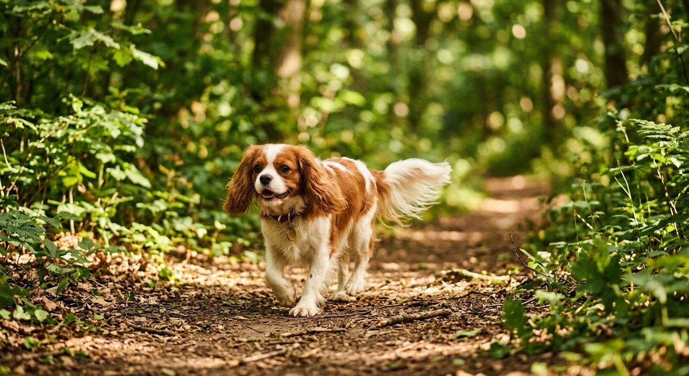 A Cavalier King Charles Spaniel walking happily along a wooded forest path