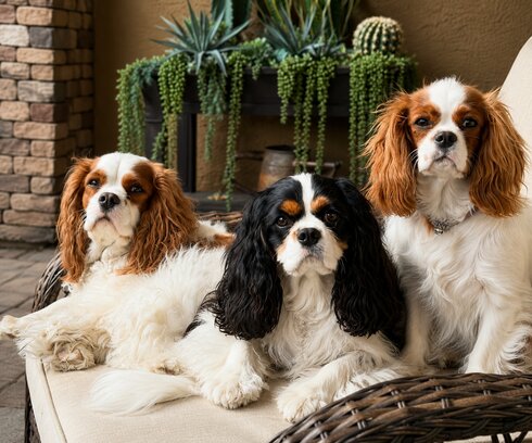 Riggins, Eloise, and Isla, three Cavalier King Charles Spaniels, together on a patio bench
